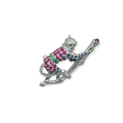 Brochette Singe, Rubis, Saphirs & Emeraude, Or Blanc