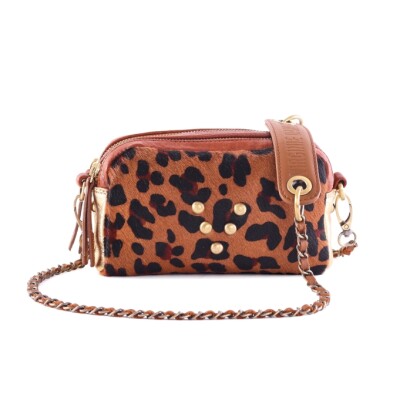 MAKE-ME-UP MINI - Bandoulière Chaîne et Cuir Cognac et Leopard