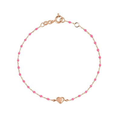 Bracelet Lucky Coeur, or rose et mini perles de résine rose fluo, 17 cm