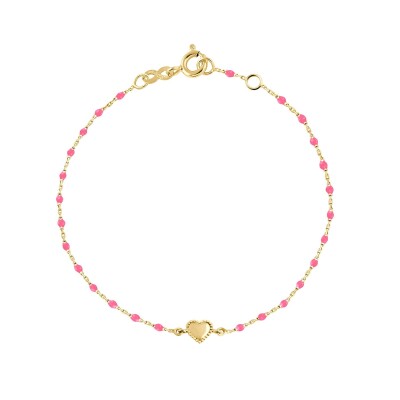 Bracelet Lucky Coeur, or jaune et mini perles de résine rose fluo, 17 cm