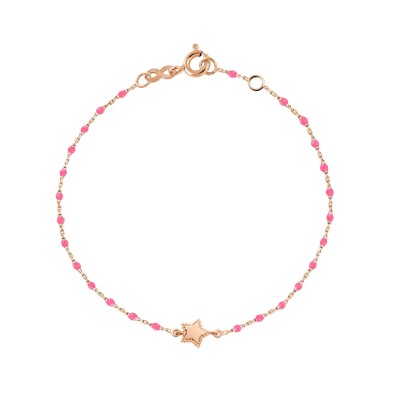 Bracelet Étoile Mini Gigi, or rose et mini perles de résine rose fluo, 17 cm