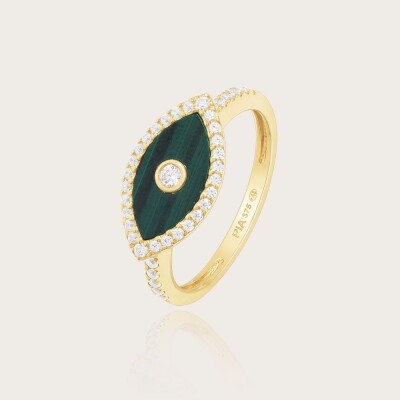 Bague or 375/1000 oxydes de zirconium et malachite