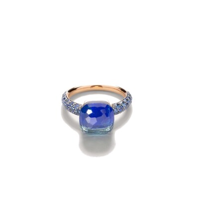 Bague Pomellato Nudo Classic en or rose, or blanc, topaze bleu london, saphirs et lapis lazuli