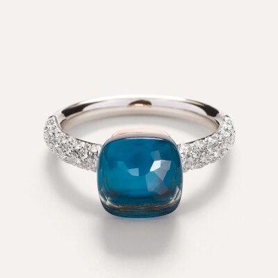 Bague Pomellato Nudo Classic en or blanc, or rose, topaze bleue London et diamants