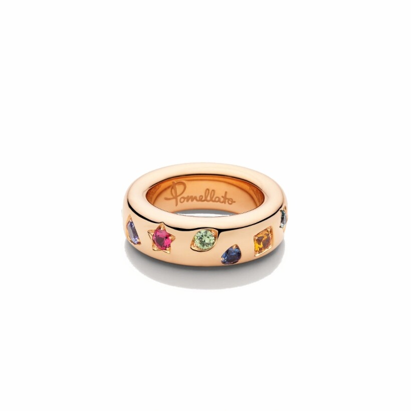 Bague Pomellato Iconica en or rose, saphirs oranges, tourmaline rose, péridot, rubis, zircon bleu, saphir, démantoïde, spinelle rouge, tanzanite et tsavorite