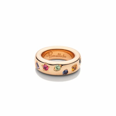 Bague Pomellato Iconica en or rose, saphirs oranges, tourmaline rose, péridot, rubis, zircon bleu, saphir, démantoïde, spinelle rouge, tanzanite et tsavorite