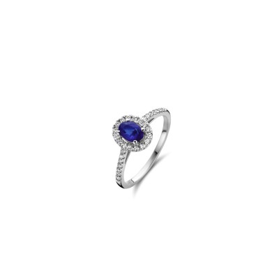 Bague or blanc, saphir bleu et diamant