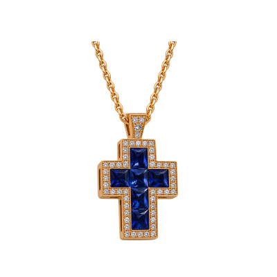 Collier Croix Saphir & Diamant en Or Rose