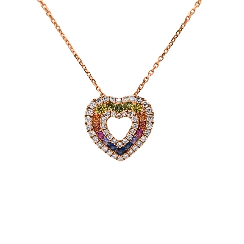 Collier Rainbow coeur or rose, saphirs de couleur et diamants