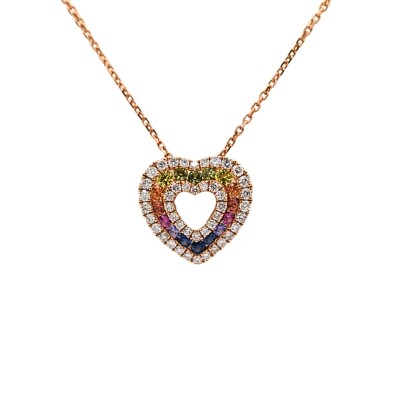 Collier Rainbow coeur or rose, saphirs de couleur et diamants