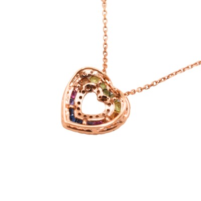 Collier Rainbow coeur or rose, saphirs de couleur et diamants