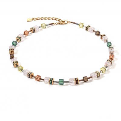 Collier Cœur de Lion GeoCube en métal doré, cristaux, strass et œil de tigre