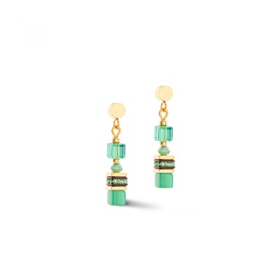 Boucles d'oreilles Cœur de Lion GeoCube en métal doré, cristaux, strass et œil de tigre