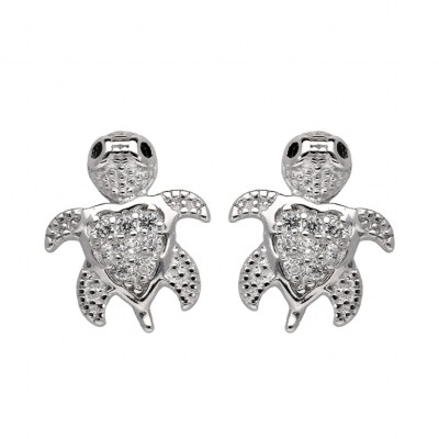 BOUCLES D'OREILLES TIGE ARGENT RHODIÉ TORTUE OXYDES BLANCS SERTIS