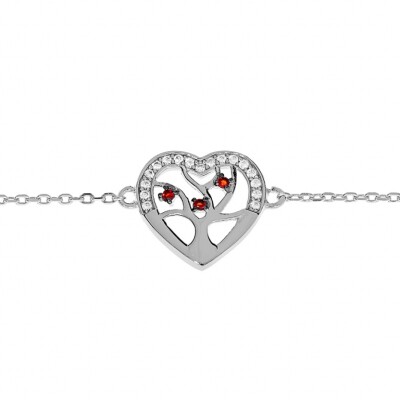 BRACELET ARGENT RHODIÉ MASSIF COEUR CONTOUR OXYDES BLANCS AVEC ARBRE DE VIE PIERRES SYNTHETIQUE ROUGES 16+3CM