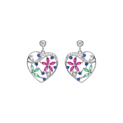 BOUCLES D'OREILLES ARGENT RHODIÉ COEUR AVEC FLEURS OXYDES COULEURS