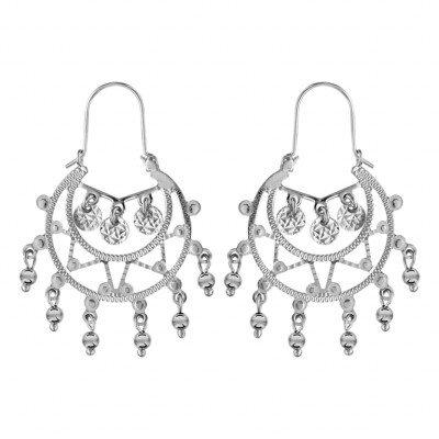 CRÉOLES ARGENT RHODIÉ ETHNIQUES PAMPILLES BOULES ET RONDELLES MARTELEES