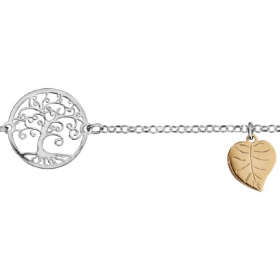 BRACELET ARGENT RHODIÉ ARBRE DE VIE ET 2 FEUILLES DORURE JAUNE