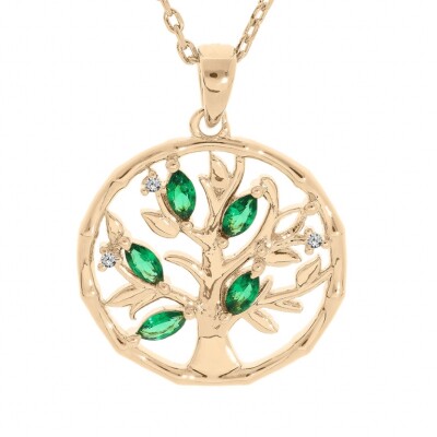COLLIER PLAQUÉ OR PENDENTIF ARBRE DE VIE OXYDES VERTS
