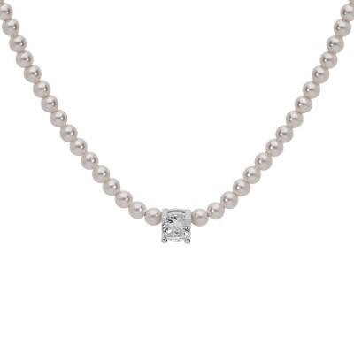 COLLIER ARGENT RHODIÉ PERLES BLANCHES IMITATION
