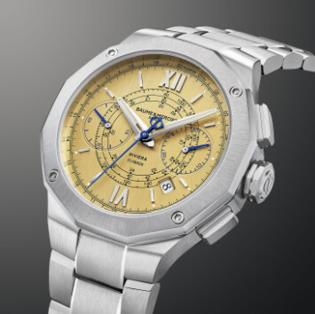 montre Baume & Mercier Riviera Chronograph 41mm de face, cadran doré