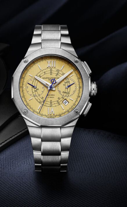 montre Baume & Mercier Riviera Chronograph 41mm de face, cadran jaune