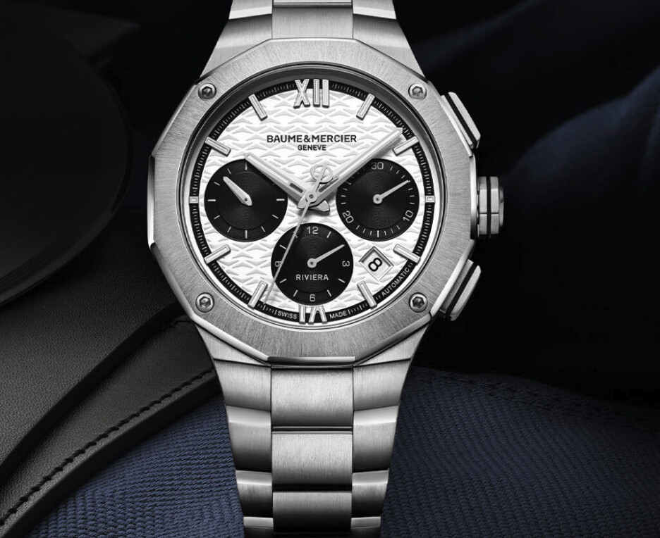 montre Baume & Mercier Riviera Chronograph 41mm de face, cadran argenté