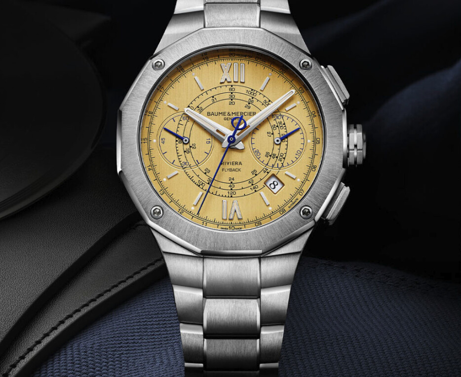 montre Baume & Mercier Riviera Chronograph 41mm de face, cadran doré