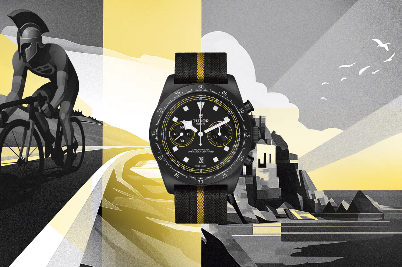 Nouvelle montre TUDOR Pelagos FXD Chrono “Yellow” vue de face sur fond large Tour de France