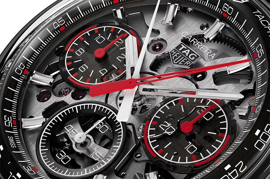 Wijzerplaat van het TAG Heuer Carrera Split-Seconds Chronograph horloge