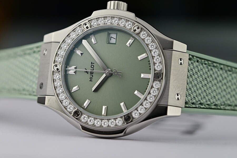 Hublot Classic Fusion Sage Green watch on its edge
