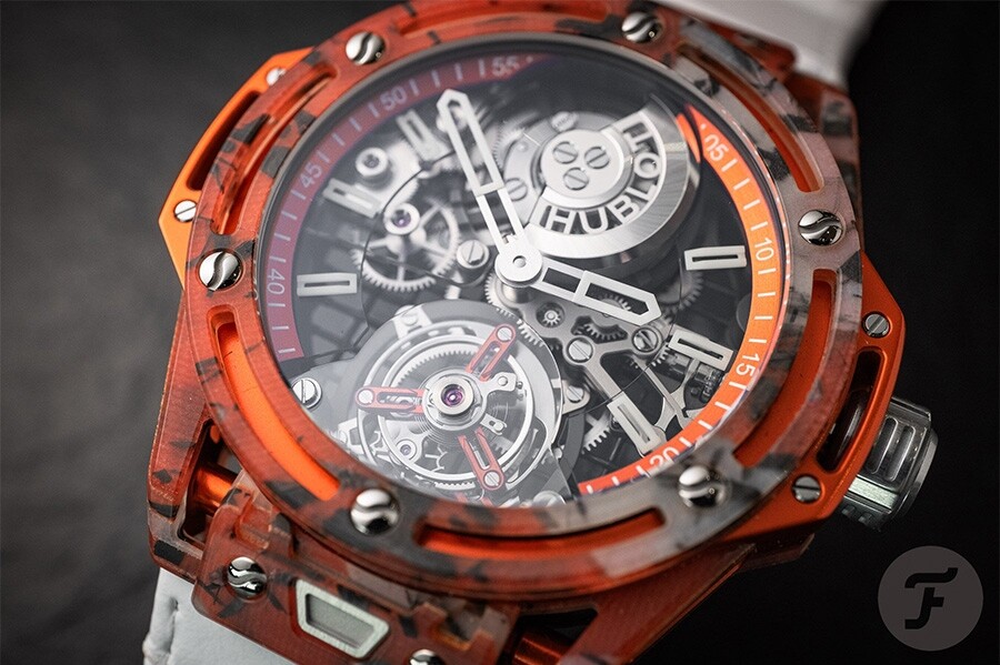 Hublot Big Bang Tourbillon Novak Djokovic GOAT Editions orange watch seen from the front