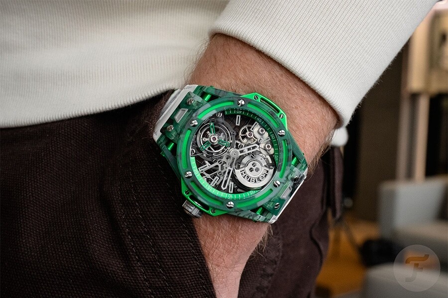Hublot Big Bang Tourbillon Novak Djokovic GOAT Editions green watch worn on the wrist