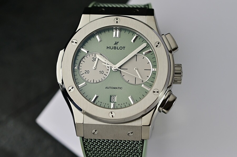 Hublot Classic Fusion Sage Green watch seen from the front