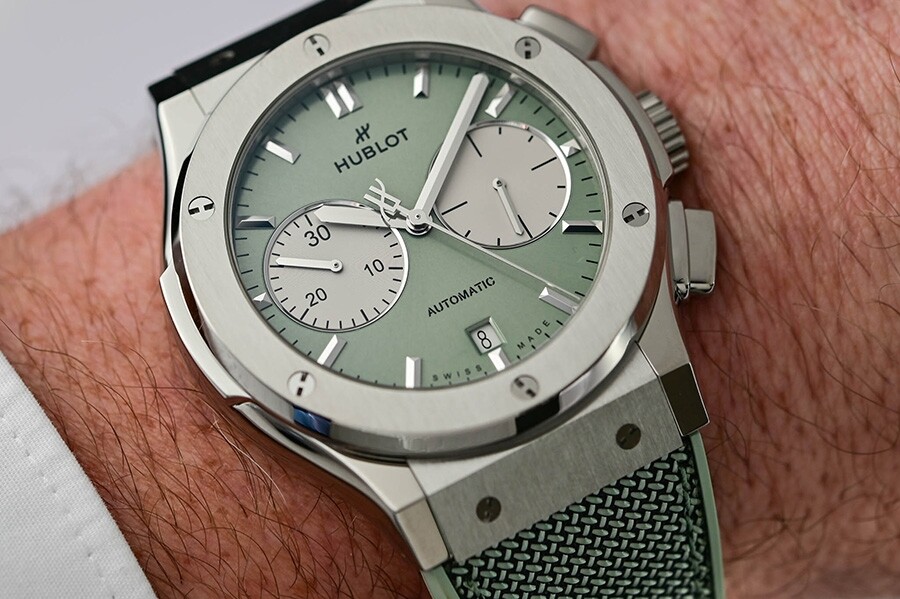 Hublot Classic Fusion Sage Green watch worn on the wrist