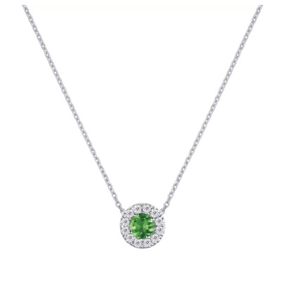 Collier Solitaire Tsavorite Entourage Diamants en Or Blanc