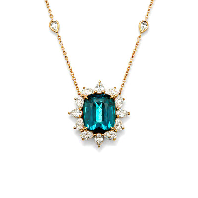 Collier Isabelle Barrier en or rose tourmaline indigolite 6.67ct diamant poire 2.01ct