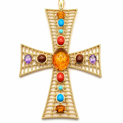 Pendentif Isabelle Barrier en or jaune croix etrusque fils massif torsadé