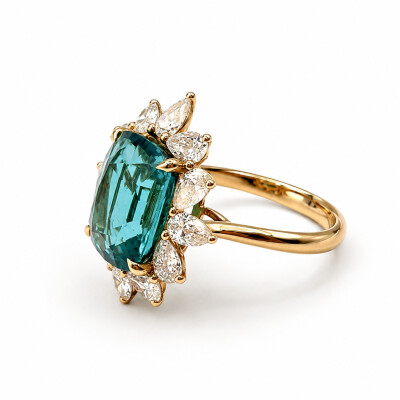 Bague indigolite Isabelle Barrier en or rose tourmaline 6.18ct diamant poire 1.73ct taille 53