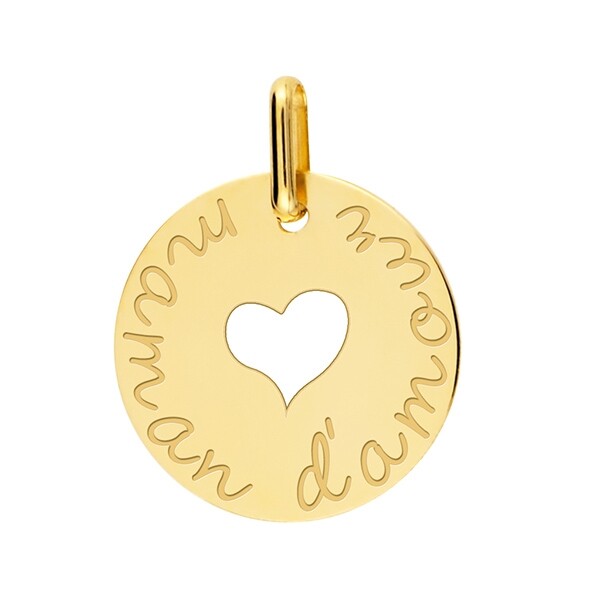 Pendentif / Médaille ronde gravée Maman d'amour, coeur ajouré . Or jaune