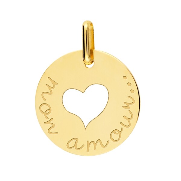 Pendentif / Médaille ronde gravée Mon amour, coeur ajouré . Or jaune