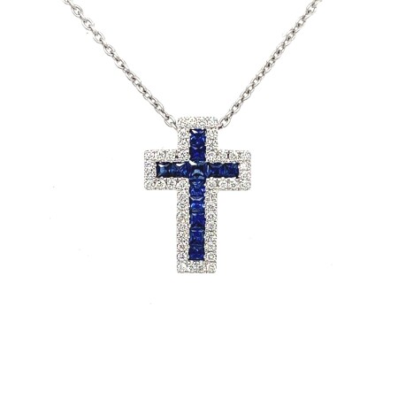 Pendentif or blanc croix saphir et diamant