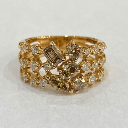 Bague 3 lignes diamants et diamants brun