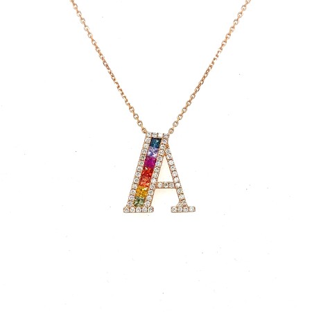 Collier lettre A "Arc en ciel" Saphirs et diamants , sur or rose.