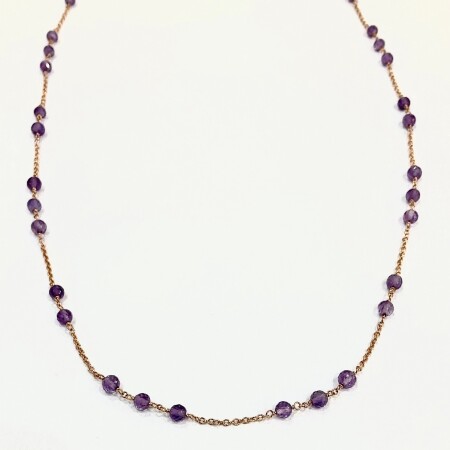 Collier or rose , boules facetées Amethyste.