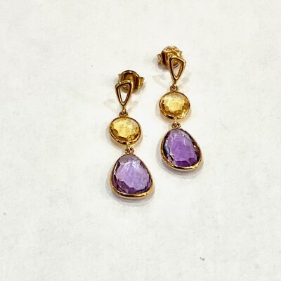 Boucles d'oreilles or rose Citrine et Amethyste