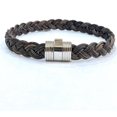 Bracelet tresse cuir ''aspect vintage" fermoir acier