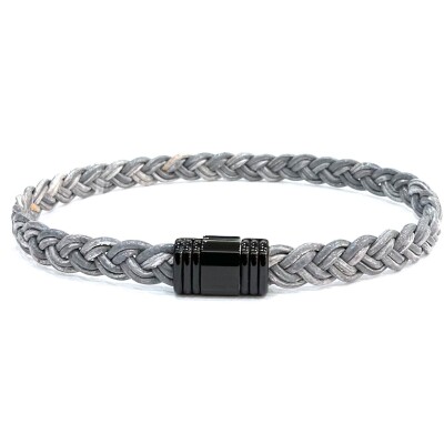 Bracelet tresse cuir gris clair fermoir PVD noir