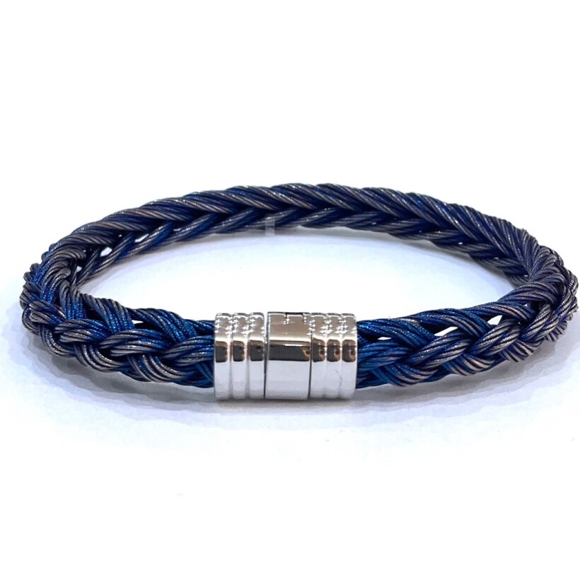 Bracelet tresse ronde cable acier bleu" vintage", fermoir acier