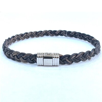 Bracelet tresse cuir "vintage" , fermoir acier